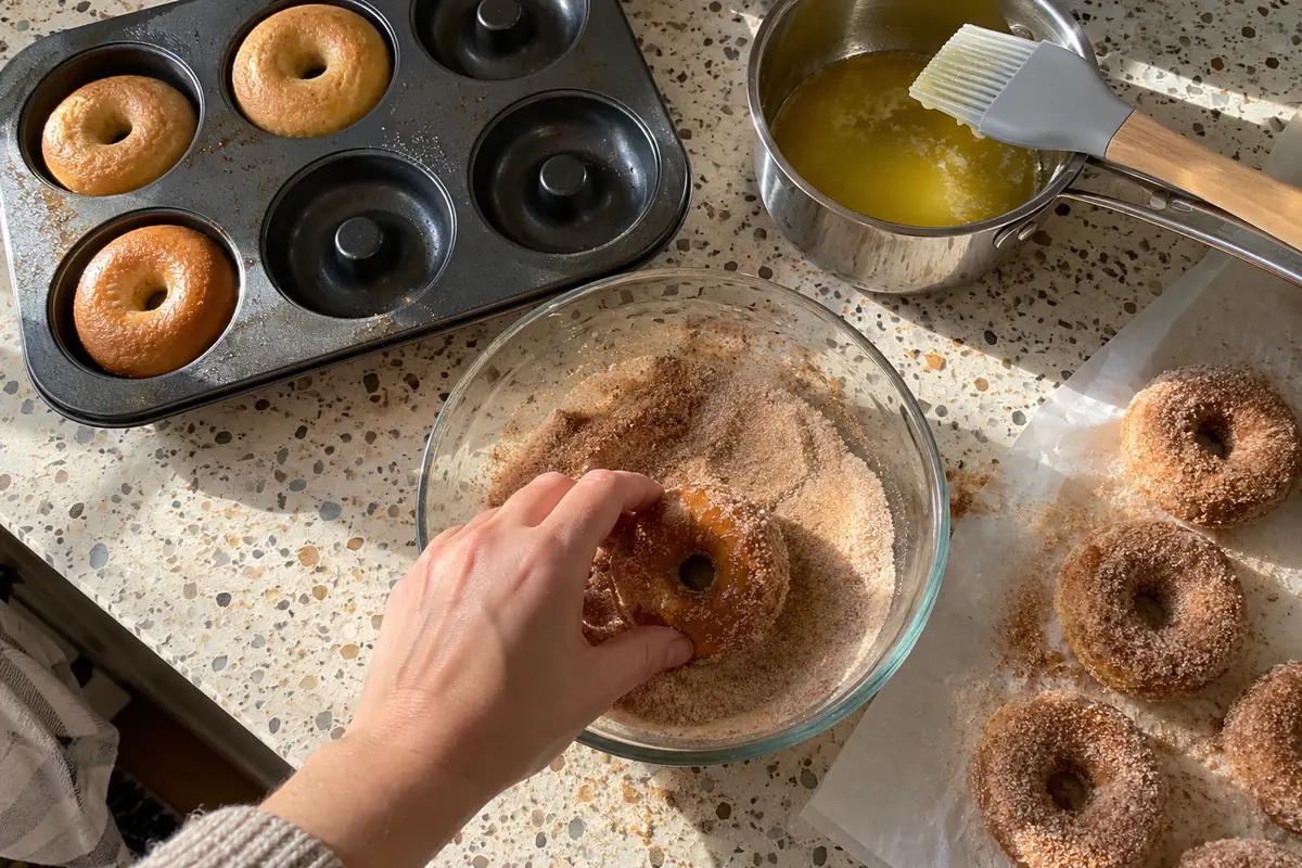 Rolling a buttered baked donut in a bowl of cinnamon sugar