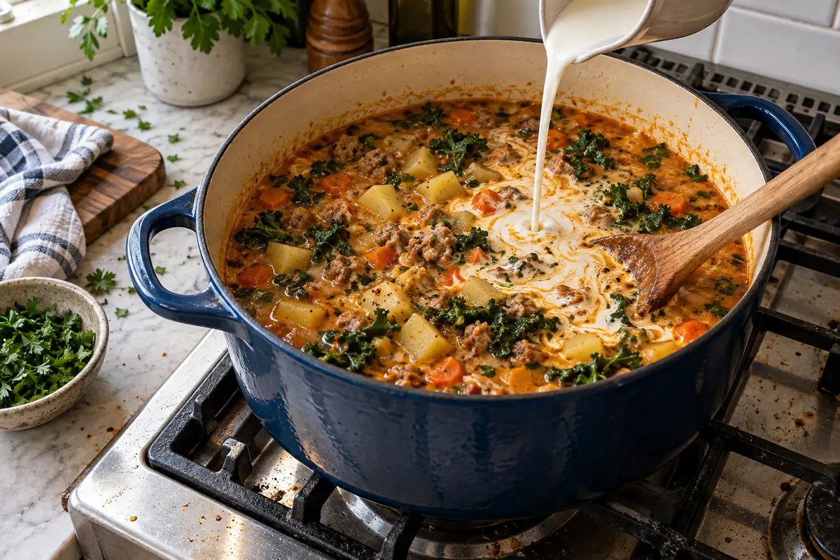 Dutch oven on the stove with sausage, potatoes, carrots and kale simmering in a paprika broth while cream is stirred in for sausage potato soup