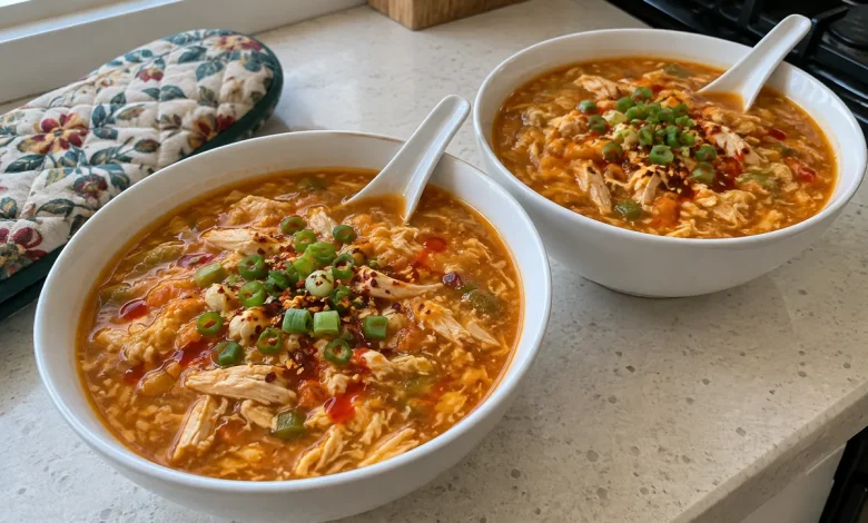Two white bowls of thick, spicy schezwan chicken soup with shredded chicken, egg ribbons, spring onions and red chili flakes