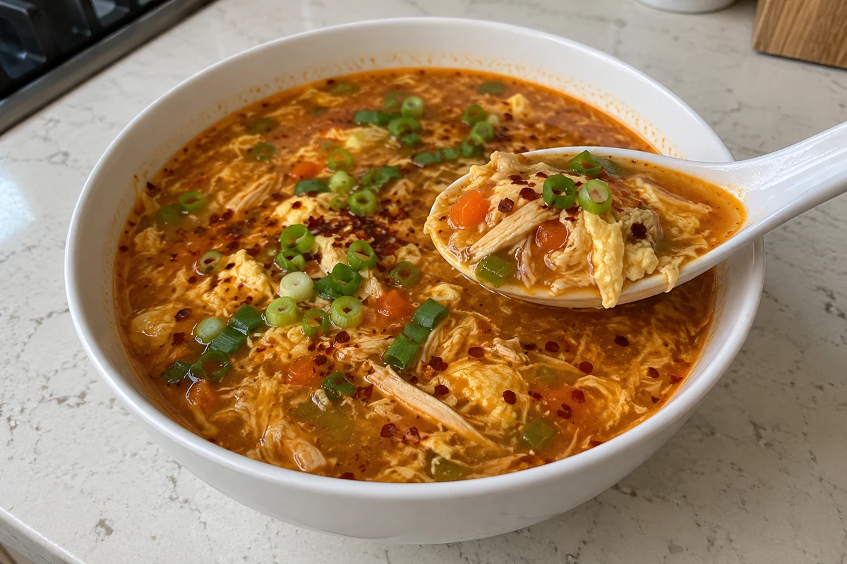 A ceramic spoon lifting schezwan chicken soup with shredded chicken and silky egg ribbons from the bowl