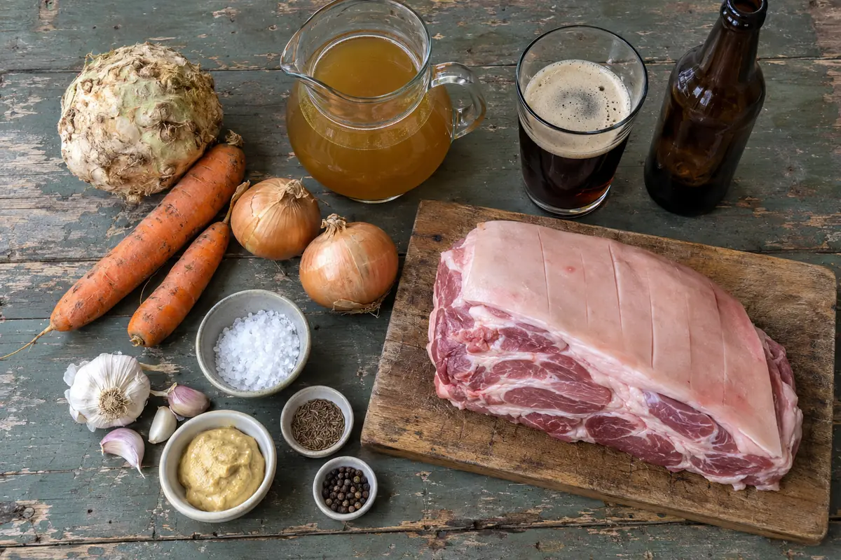 Ingredients for German Schweinebraten: pork shoulder with rind, salt, caraway seeds, pepper, garlic, mustard, onions, carrots, celery root, dark beer and broth