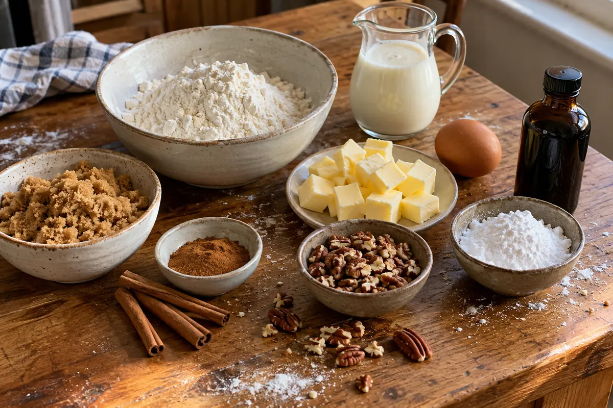 Flour, butter, buttermilk, egg, brown sugar, cinnamon, pecans and powdered sugar laid out on a wooden counter