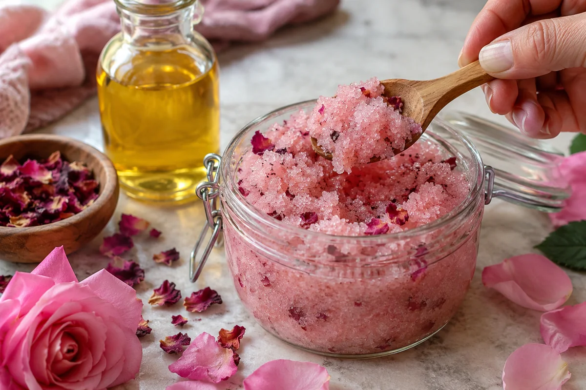 Hand scooping pink rose sugar scrub from a glass jar with a small wooden spoon beside an unlabeled almond oil bottle