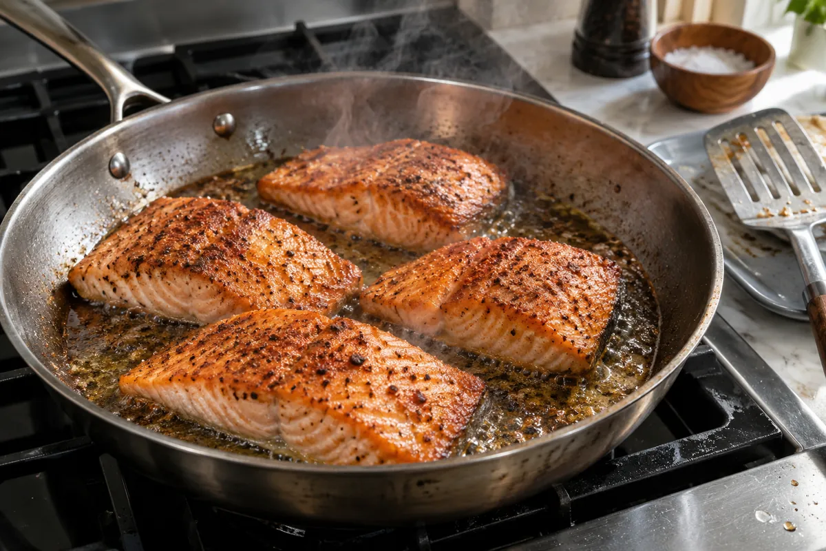 Salmon fillets cooking skin side down in a skillet with the skin turning crisp