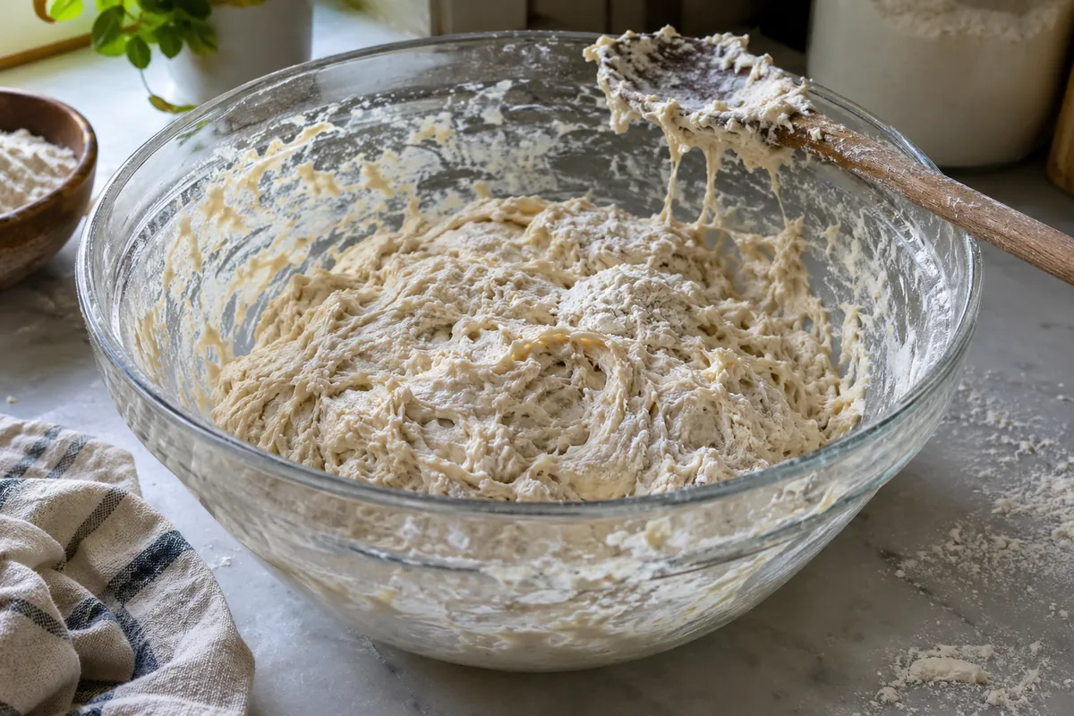 Shaggy no knead bread dough in a large bowl before rising