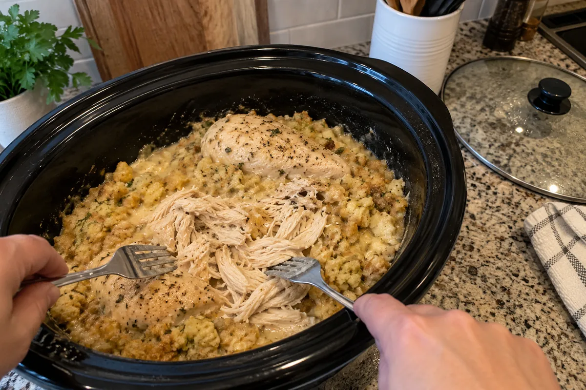 Shredding chicken with two forks in the slow cooker with stuffing