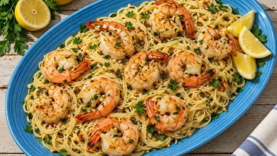 Shrimp scampi with angel hair pasta on a blue oval platter topped with seared shrimp, parsley and red pepper flakes