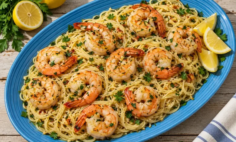 Shrimp scampi with angel hair pasta on a blue oval platter topped with seared shrimp, parsley and red pepper flakes