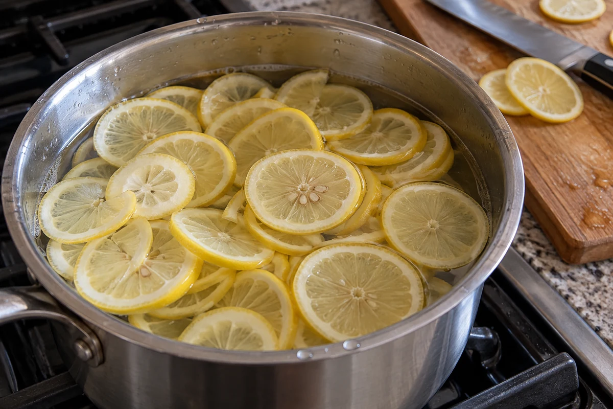 Thinly sliced lemons and water in a stainless steel pot on a stovetop