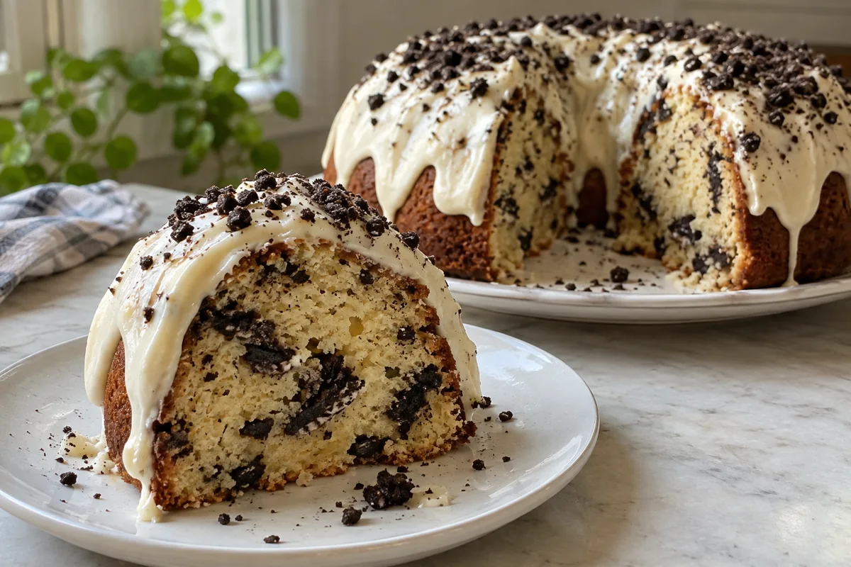 Slice cut from an oreo cookie pound cake showing a cream-colored crumb full of large dark chocolate cookie chunks