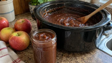 Black oval slow cooker filled with dark thick apple butter beside a clear mason-style jar of apple butter and fresh apples