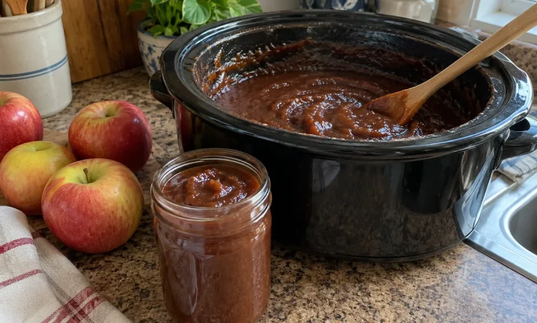 Black oval slow cooker filled with dark thick apple butter beside a clear mason-style jar of apple butter and fresh apples