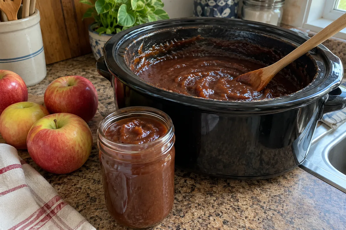 Black oval slow cooker filled with dark thick apple butter beside a clear mason-style jar of apple butter and fresh apples