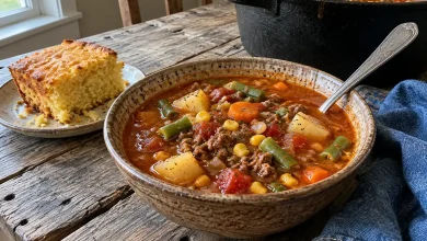 Slow cooker cowboy soup with ground beef, potatoes, corn, green beans and carrots in a rustic stoneware bowl with cornbread
