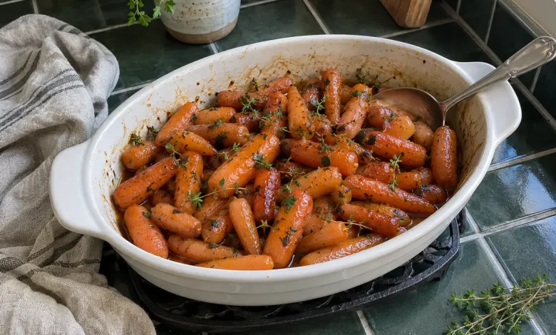 Slow cooker maple brown sugar glazed carrots in a serving dish, shiny with maple glaze and sprinkled with fresh parsley and thyme