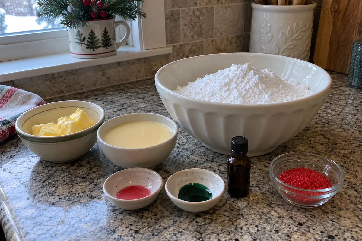 Ingredients for soft Christmas peppermints in plain unlabeled bowls: butter, condensed milk, powdered sugar and peppermint extract