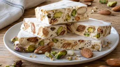 Stack of thick white italian torrone bars studded with almonds and pistachios on a white plate, with one bar sliced to show the chewy interior