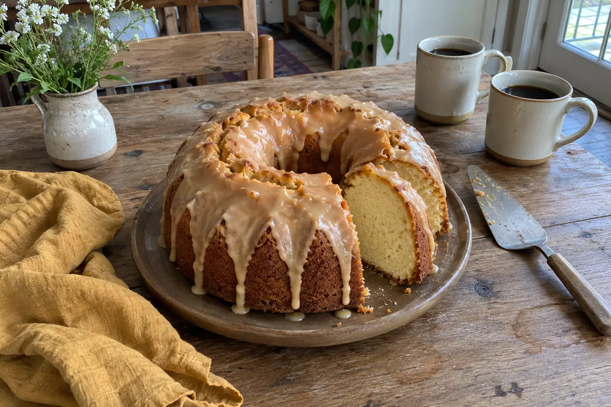 Sour cream pound cake with caramel frosting dripping down the sides on a brown stoneware cake plate on a weathered teak table