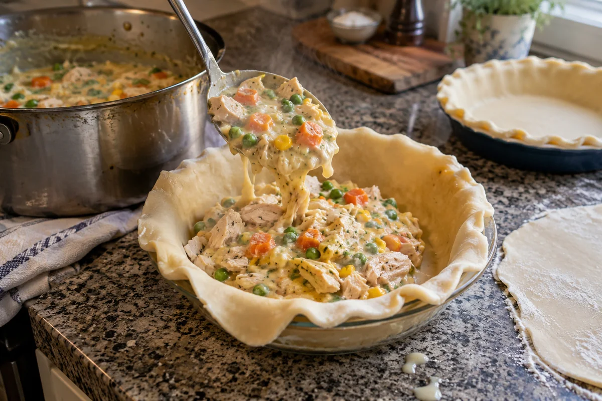Spooning chicken potpie filling into a crust-lined pie plate