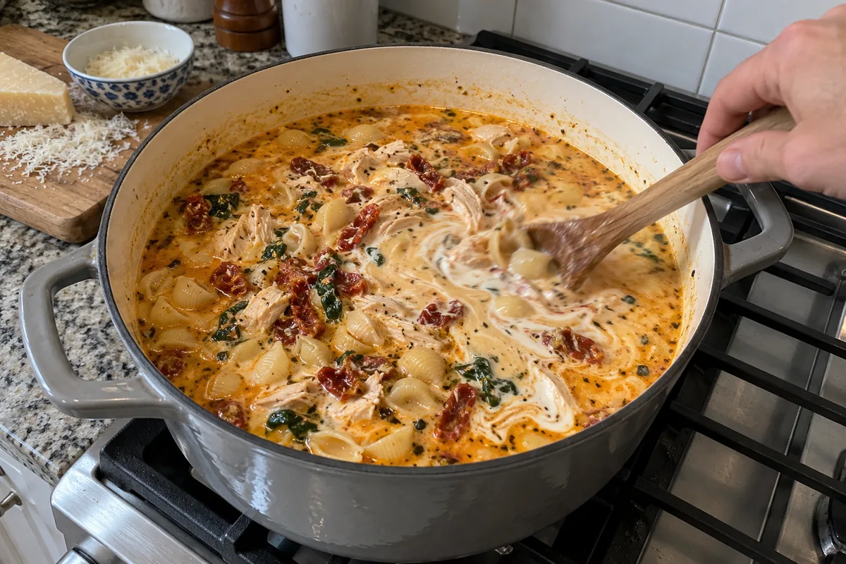 Stirring heavy cream and Parmesan into marry me chicken soup in a pot on the stove