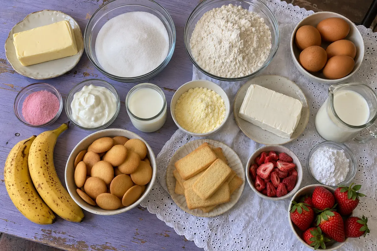Ingredients for strawberry banana pudding crunch pound cake: butter, sugar, eggs, flour, strawberry powder, sour cream, milk, pudding mix, cream cheese, heavy cream, bananas, vanilla wafers, butter cookies and strawberries