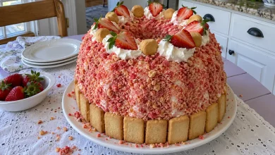 A strawberry banana pudding crunch pound cake coated in pink strawberry crumbs, ringed with butter cookies and topped with whipped cream, strawberries and vanilla wafers