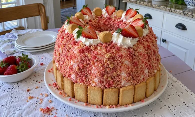 A strawberry banana pudding crunch pound cake coated in pink strawberry crumbs, ringed with butter cookies and topped with whipped cream, strawberries and vanilla wafers