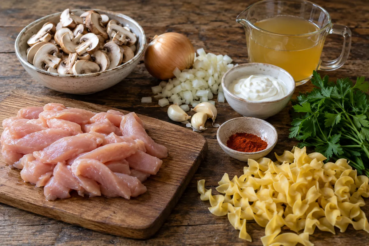 Ingredients for chicken mushroom stroganoff laid out on a wooden table: sliced chicken, mushrooms, onion, garlic, sour cream, broth and egg noodles