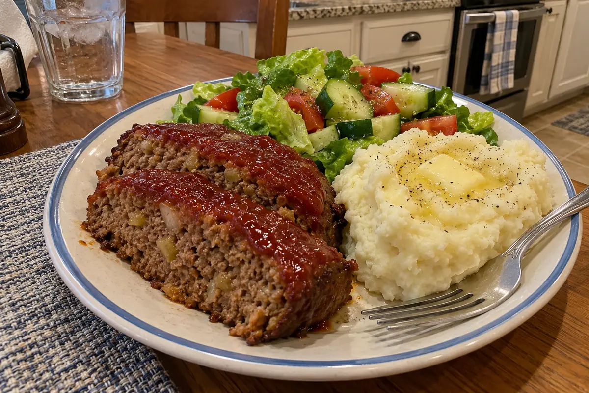 Dinner plate with two slices of stuffing meatloaf, mashed potatoes and a green salad