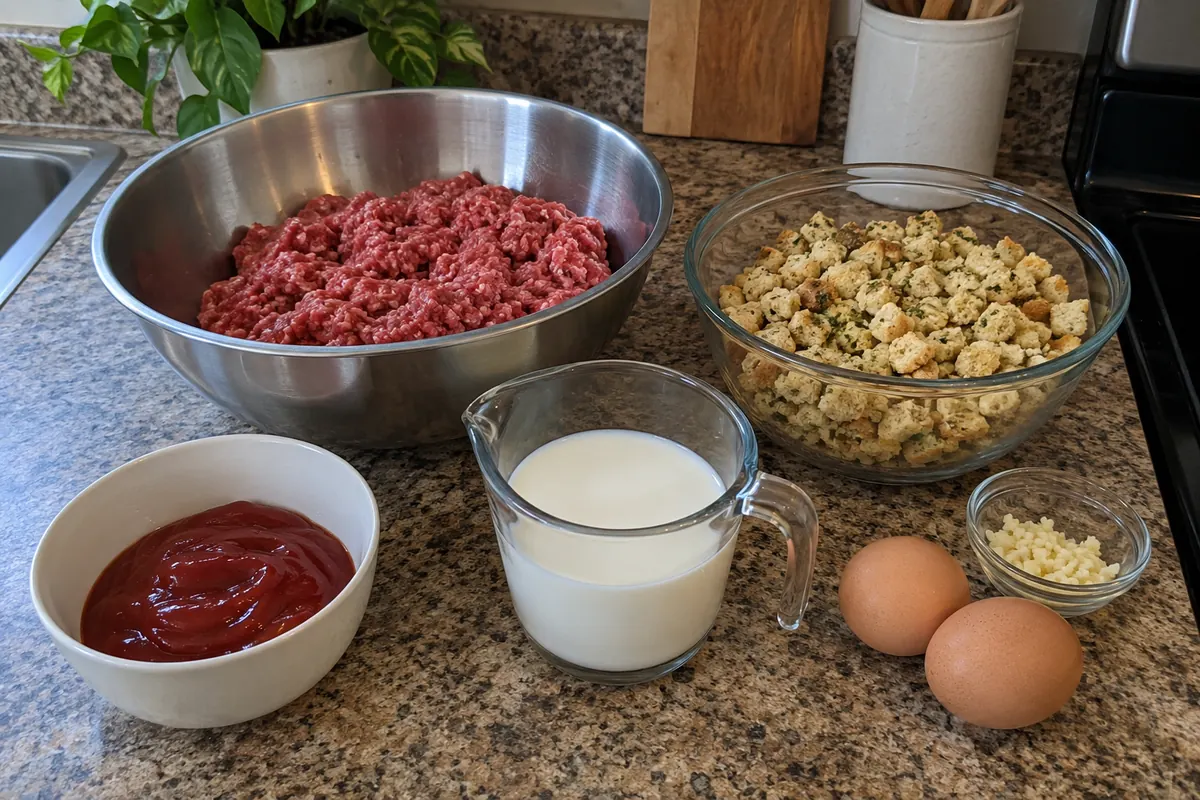 Ingredients for stuffing meatloaf: ground beef, dry stuffing cubes, ketchup, whole milk, eggs and minced garlic