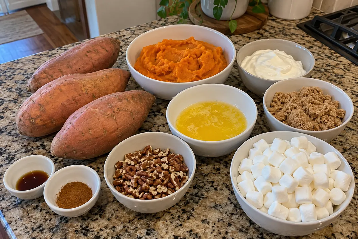 Ingredients for sweet potato pumpkin casserole: sweet potatoes, pumpkin puree, sour cream, brown sugar, melted butter, cinnamon, vanilla, chopped pecans and mini marshmallows