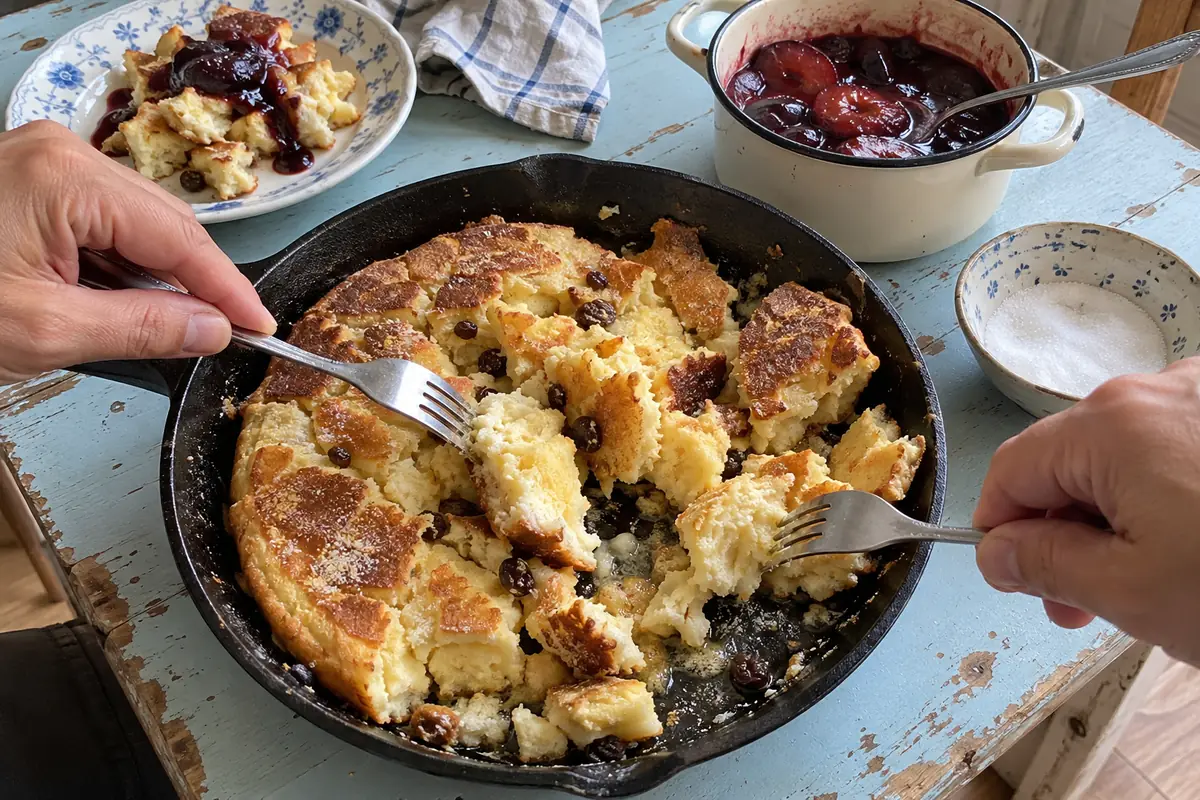 Tearing the fluffy pancake into pieces with two forks in a cast-iron skillet to make Kaiserschmarrn
