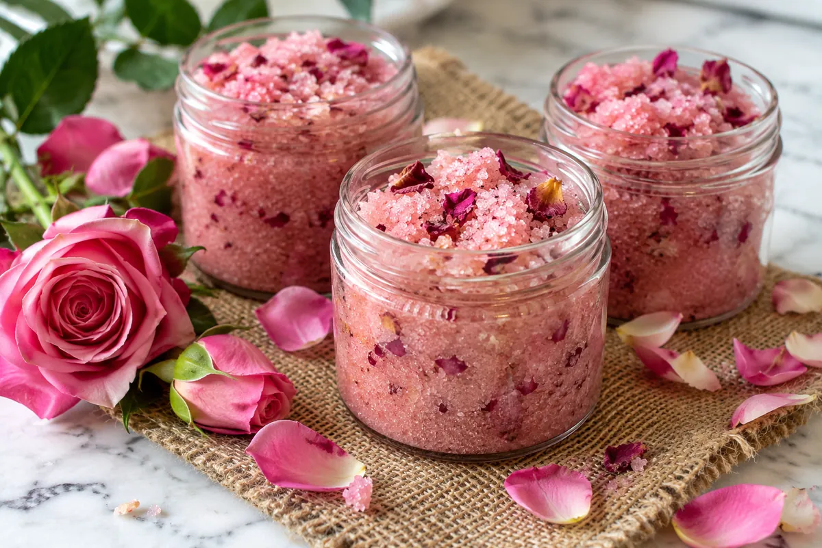 Three clear glass jars of pink rose sugar scrub on burlap with fresh pink roses and loose petals on white marble