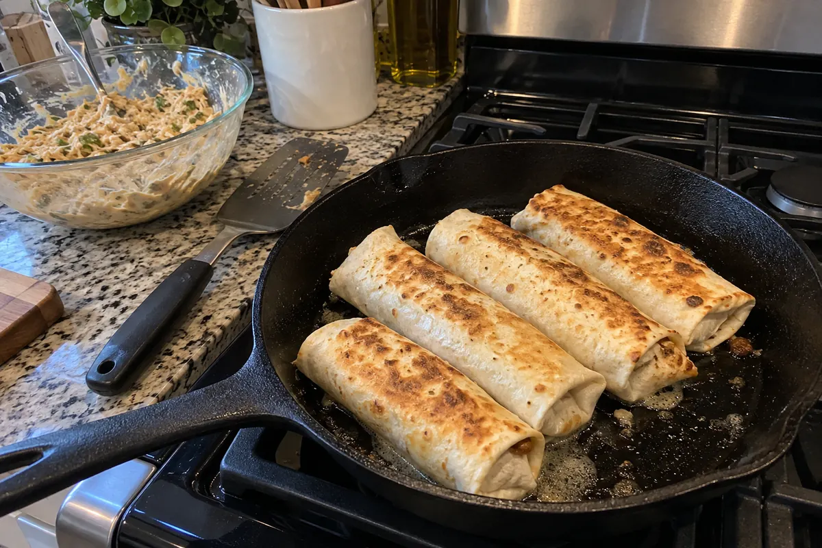 Cheesy garlic chicken wraps toasting seam-side down in a cast-iron skillet