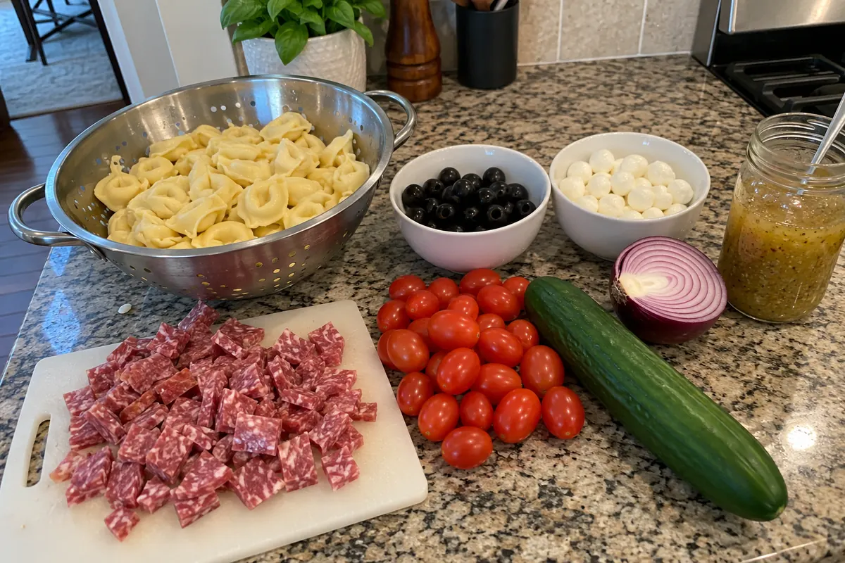 Ingredients for Christmas tortellini salad: cooked cheese tortellini, salami, cherry tomatoes, cucumber, black olives, mozzarella pearls, red onion and Italian dressing