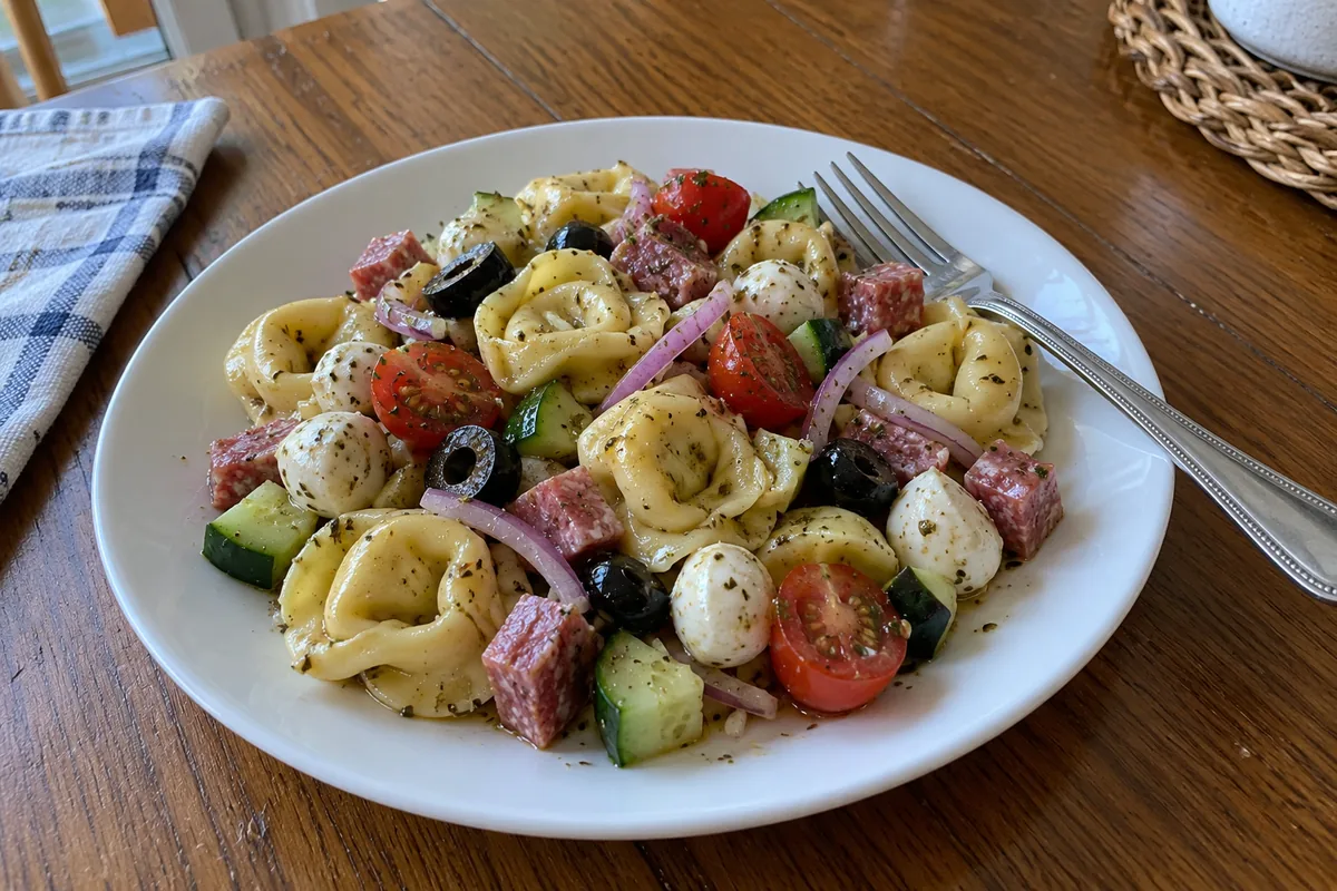 A serving of Christmas tortellini salad on a small plate with a fork