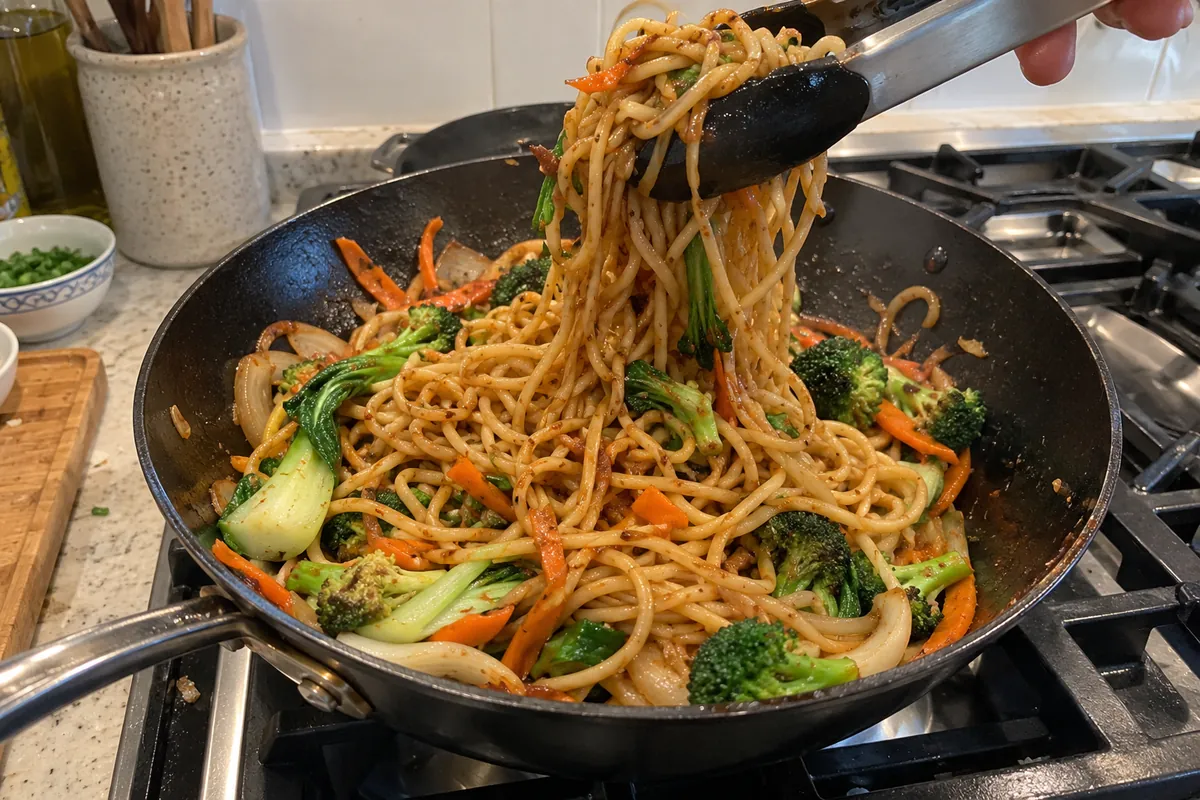Tossing vegetable lo mein noodles and mixed vegetables in a dark pan with tongs