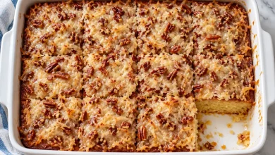 Ugly duckling cake in a white rectangular baking dish with a golden coconut pecan topping and one square removed