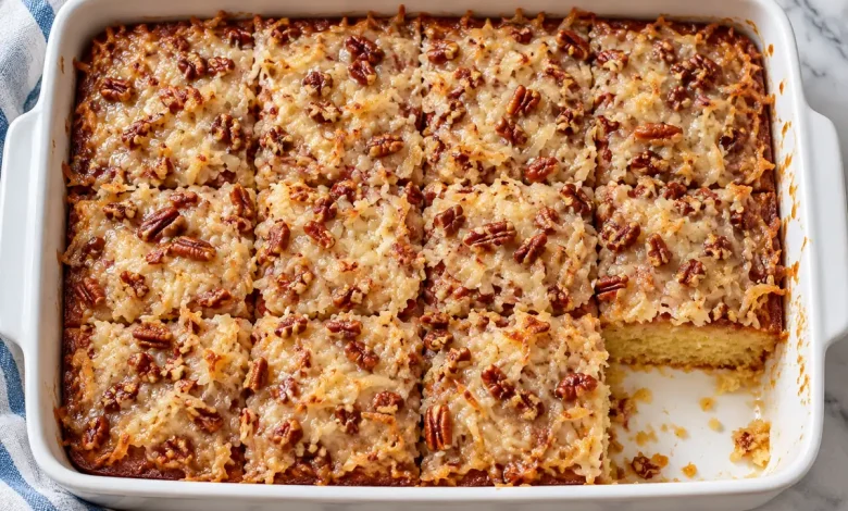 Ugly duckling cake in a white rectangular baking dish with a golden coconut pecan topping and one square removed