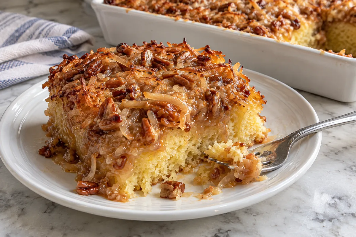 Close-up of a square of ugly duckling cake on a plate with a fork, showing the gooey coconut pecan topping
