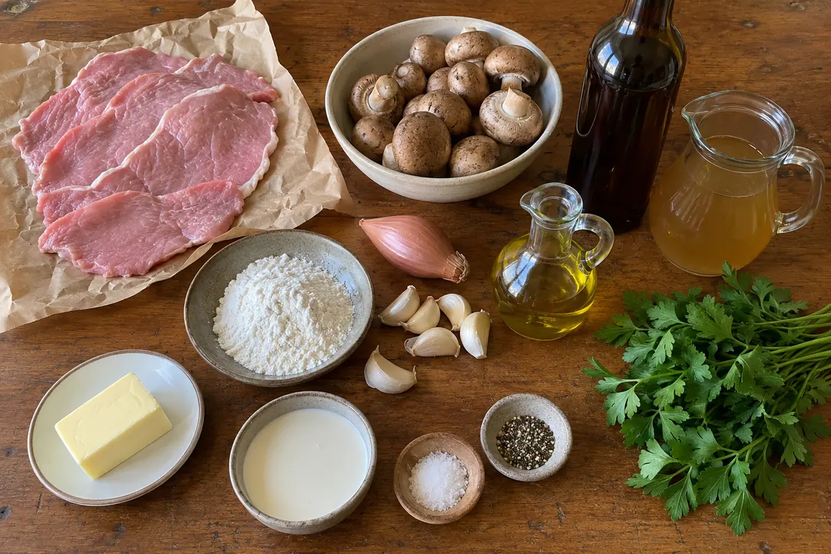 Ingredients for veal marsala: veal cutlets, mushrooms, shallot, garlic, Marsala, broth, butter, flour and parsley