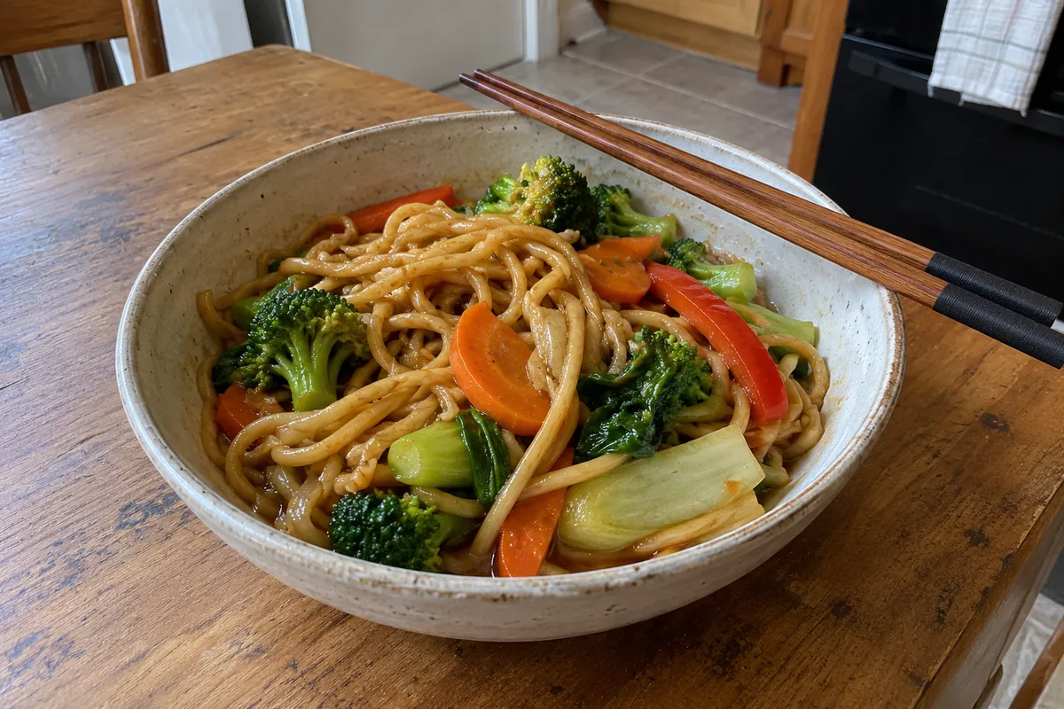 Bowl of vegetable lo mein with glossy noodles, broccoli, carrots, bok choy and peppers