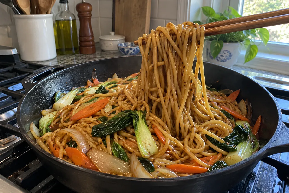 Dark skillet of glossy vegetable lo mein with chopsticks lifting a bundle of noodles, bok choy, carrots and onions visible