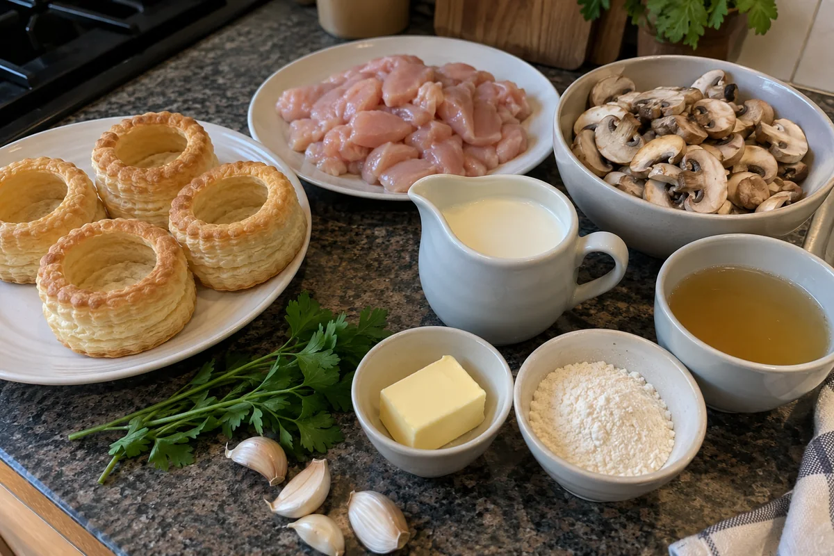 Ingredients for chicken mushroom vol-au-vent in plain unlabeled bowls: pastry cases, chicken pieces, sliced mushrooms, cream, broth, butter and parsley
