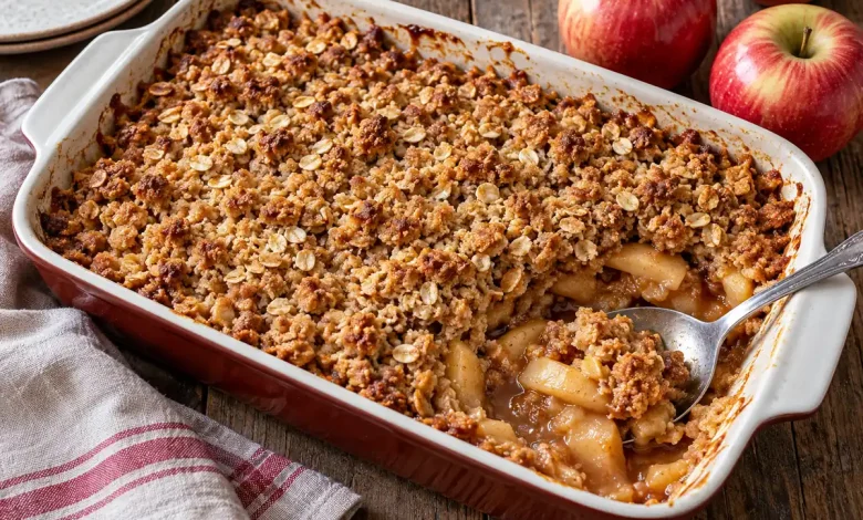 Warm apple crisp with a golden oat topping in a baking dish with a serving spoon