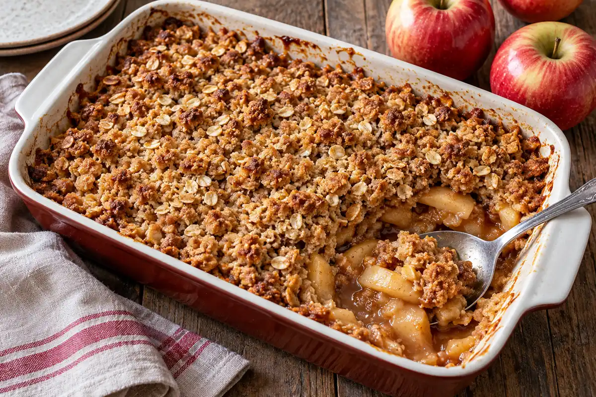 Warm apple crisp with a golden oat topping in a baking dish with a serving spoon