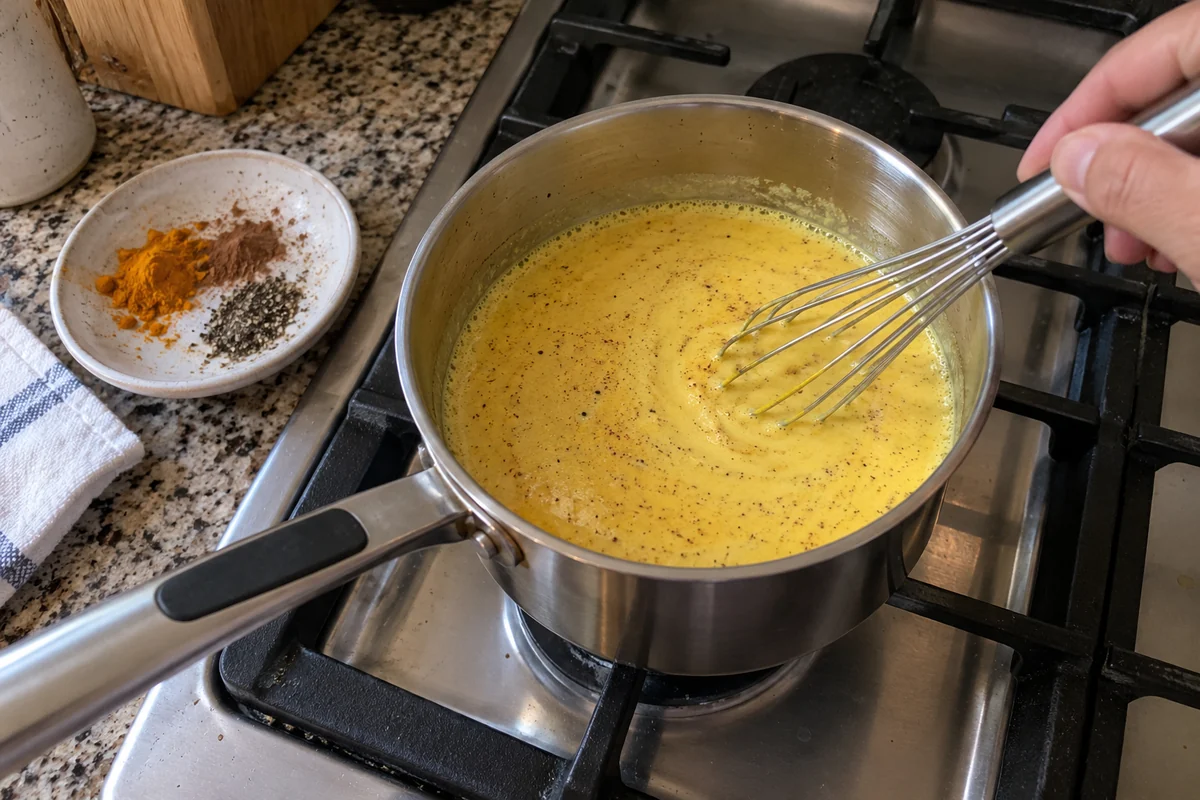 Whisking turmeric and cinnamon into milk in a small saucepan on the stove