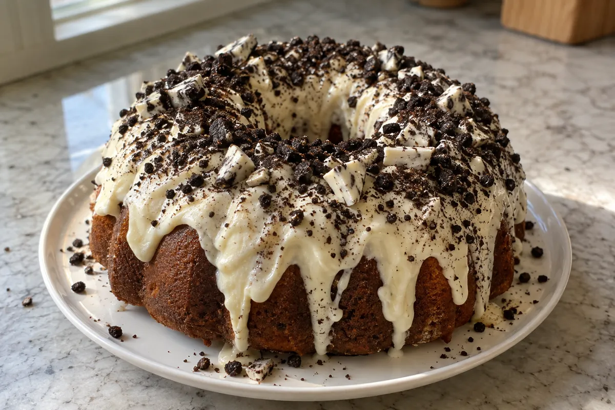Whole Bundt-style oreo cookie pound cake with cream cheese frosting, dark cookie crumbs and white chocolate pieces on top, on a plate