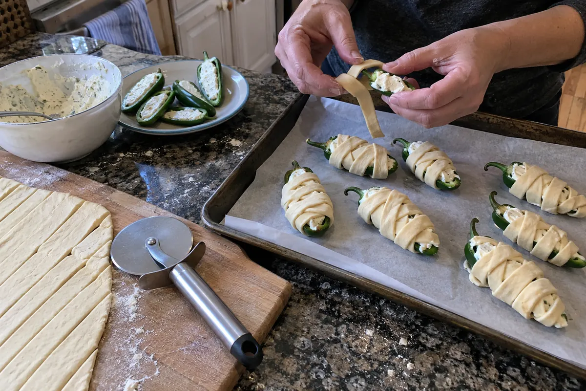 Wrapping thin dough strips around cheese stuffed jalapeno halves on a lined baking sheet