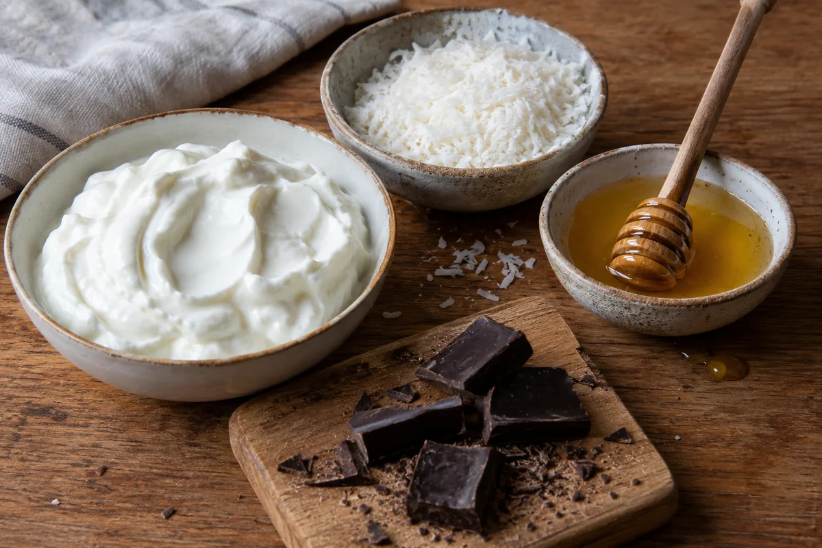 Bowls of thick Greek yogurt, desiccated coconut, honey with a wooden dipper, and dark chocolate pieces on a wooden table